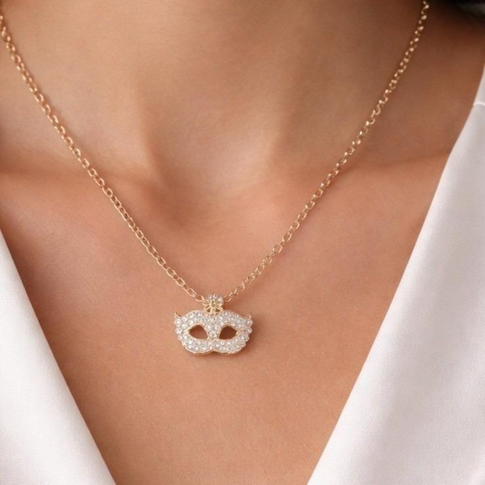 Gold Tone Rhinestone Masquerade Mask Necklace Mardi Gras Jewelry